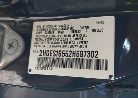 2002 Honda Civic Lx from USA, damaged, VIN 2HGES16552H597302